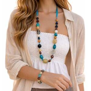 Cookie Lee Necklace Bracelet Set Beaded Faux Stone Teal Tan Multi 18” Length